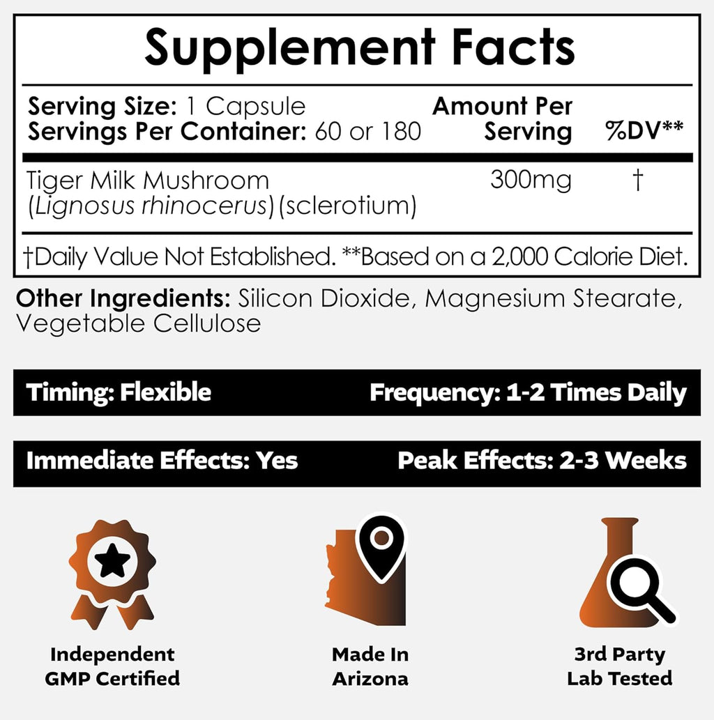 Nootropics Depot Tiger Milk Mushroom Capsules | 300mg | 180 Count | Lignosus rhinocerus Sclerotium | Cognition, Histamine, & Respiratory Support