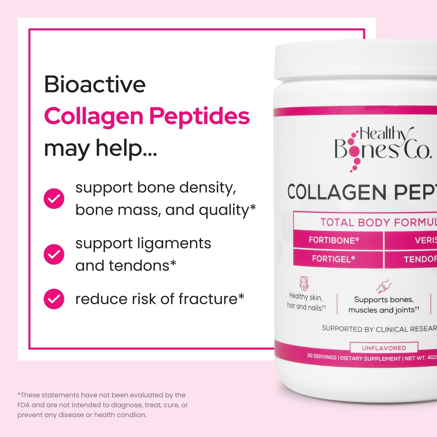 FORTIBONE Premium Bone Health Collagen Peptides w/FORTIGEL, VERISOL & TENDOFORTE, Clinically-Supported for Bones Joints Skin Hair Nails, Hydrolyzed Collagen Complete, Anti-Aging Formula (30 Servings)