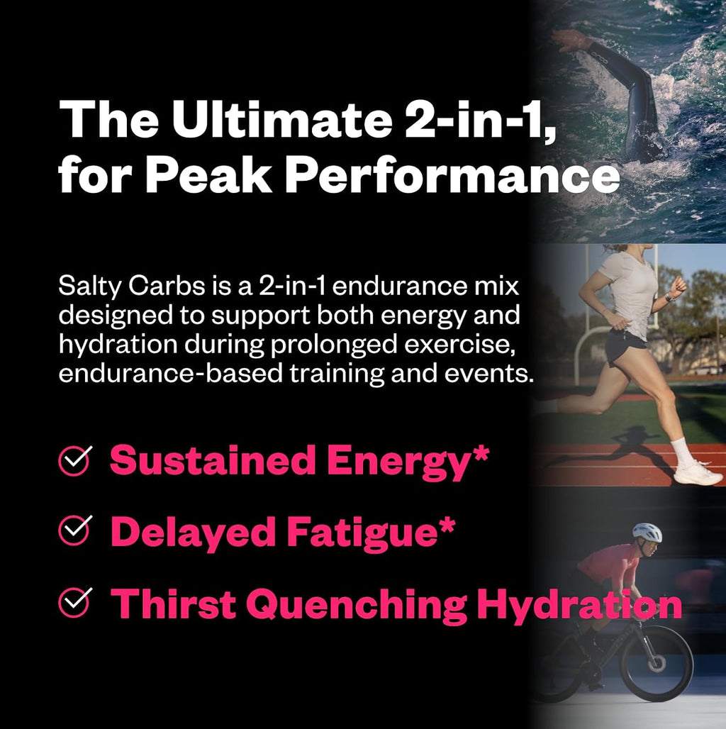 Salty Carbs Electrolyte Drink Mix 30g Dual-Action Carbs + 700mg Sodium – Endurance Fuel for Runs, Rides and Races – Gluten-Free, Dairy-Free, Non-GMO (30 Servings, Raspberry Lemonade)