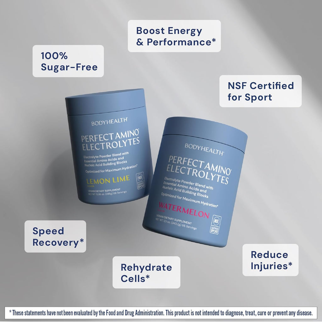 BodyHealth PerfectAmino Electrolytes Powder No Sugar, Hydration Fasting Keto Zero Sugar Electrolytes Drink Mix with Trace Minerals - NSF Certified for Sport - Lemon Lime - 66 Servings