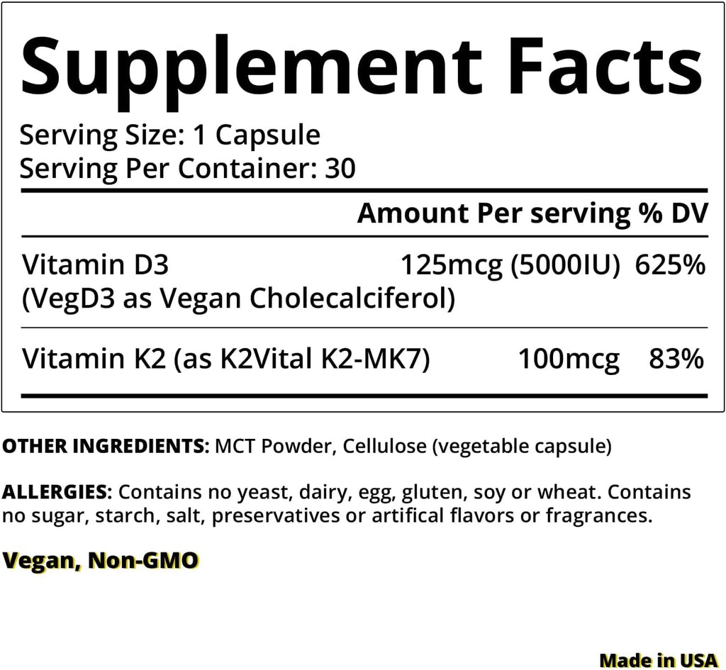 Vitamin D3 K2 with MCT, 5000 IU Vegan D3 & 100 mcg MK7 K2, Support Strong Bones and Immune Health - 30 Capsules (30 Days Supply)