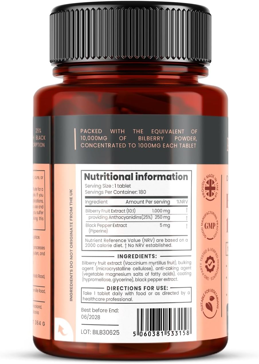 Bilberry Extract 10,000mg x 360 Tablets (2 Bottles) - 10 X More Anthocyanidins per Tablet Than Most Others - and 5mg Black Pepper Extract for 300% Increased Absorption
