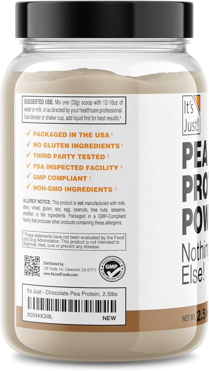 It's Just! Pea Protein Isolate, Plant Based, Premium Quality, Gluten Free, Vegan, Keto Friendly, Product of Canada, Packaged in USA (2.5 Pound, Chocolate)