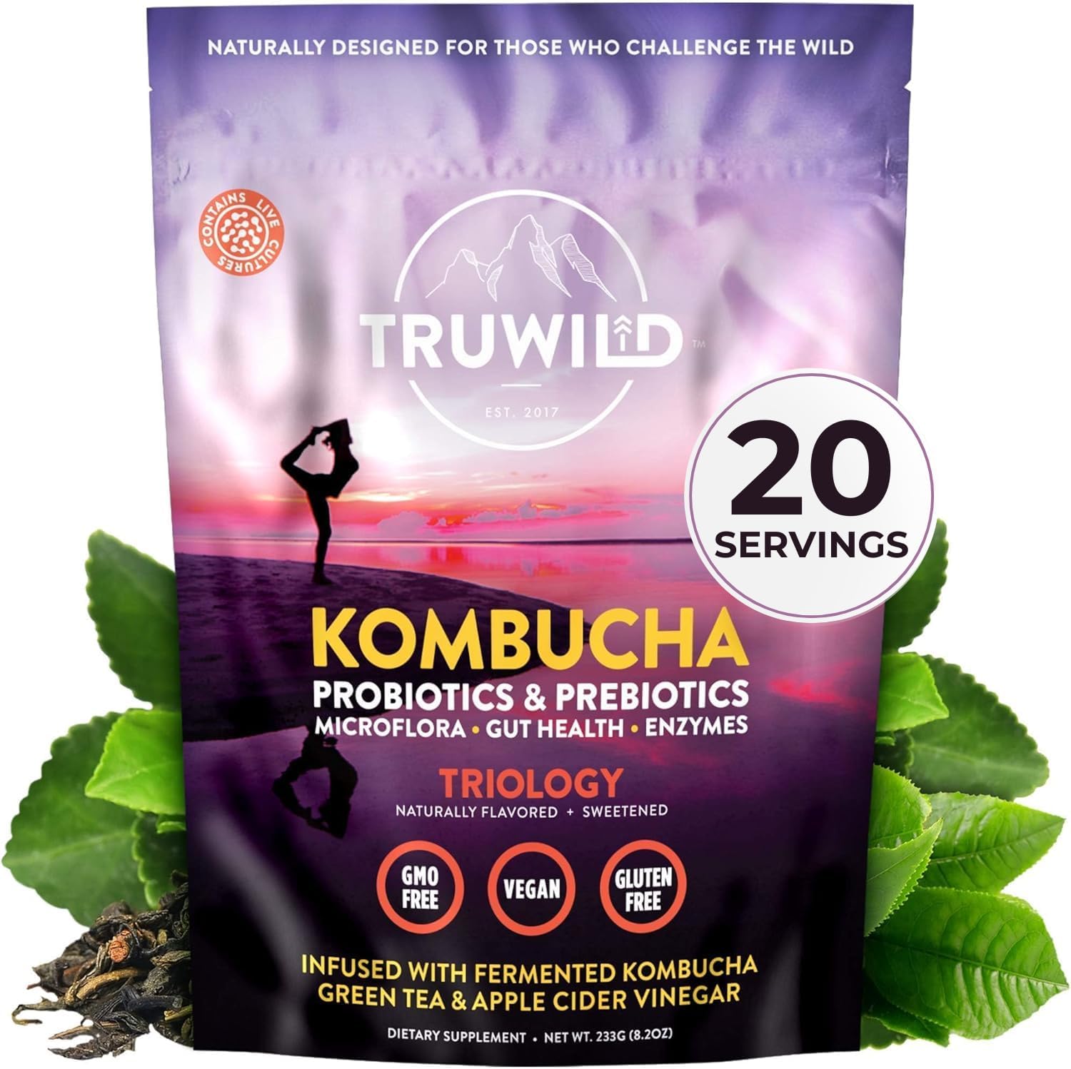 TruWild Natural Kombucha Powder Probiotic Supplement Vegan Drink Mix – Gut Health Digestive Enzymes w/Live Cultures + Apple Cider Vinegar & Prebiotics – 20 Servings