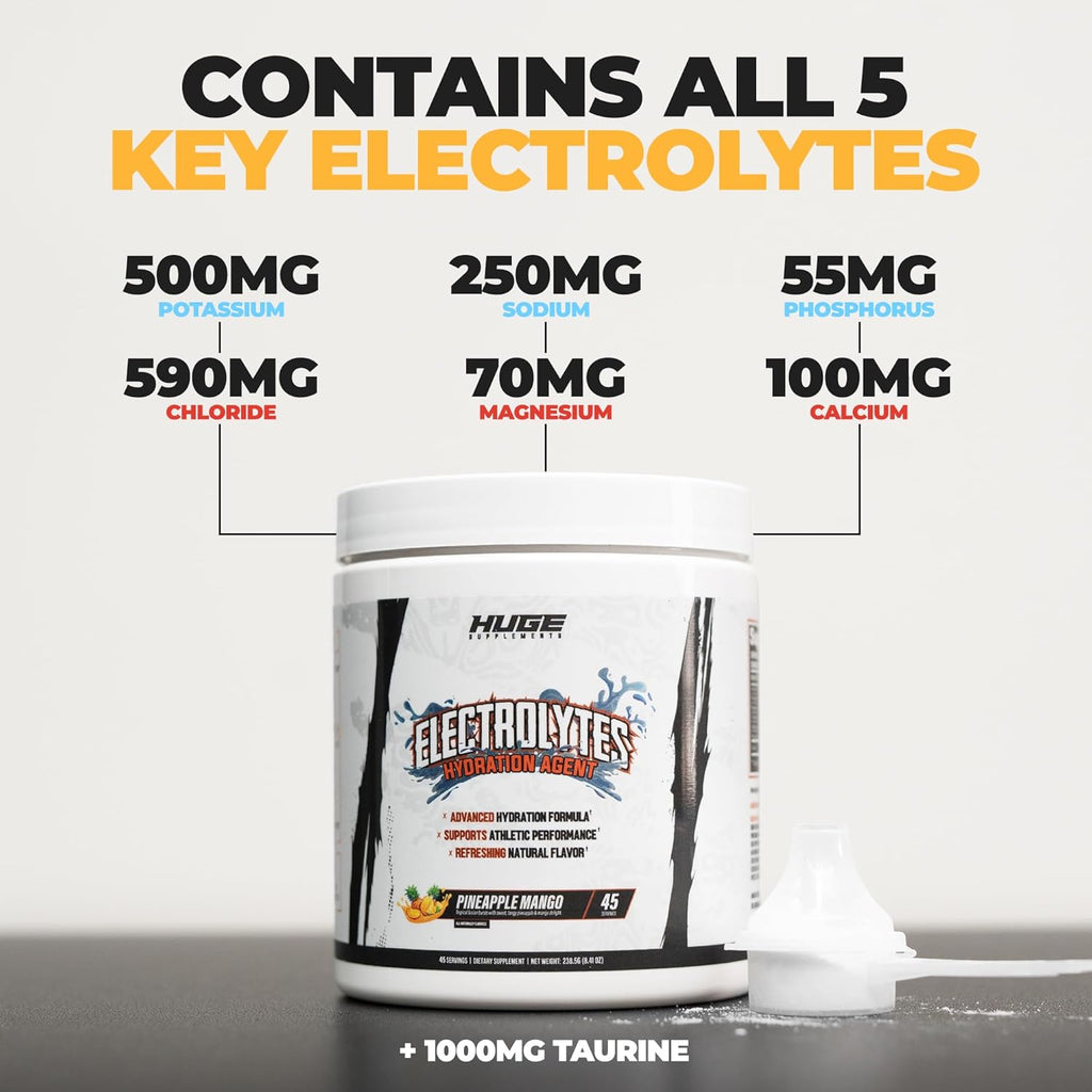 Huge Supplements Electrolytes Powder - Advanced Hydration Formula with Full Electrolyte Profile - Sugar Free, No Artificial Flavors or Colors - 45 Servings (Pineapple Mango)