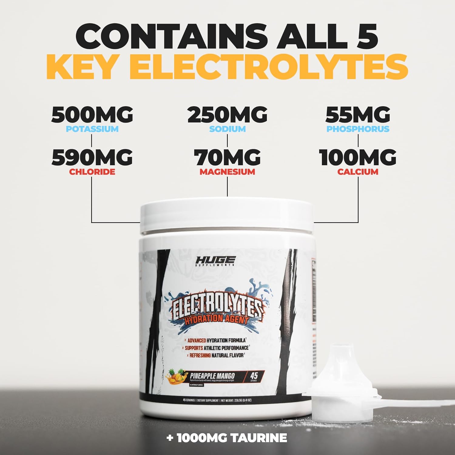 Huge Supplements Electrolytes Powder - Advanced Hydration Formula with Full Electrolyte Profile - Sugar Free, No Artificial Flavors or Colors - 45 Servings (Pineapple Mango)