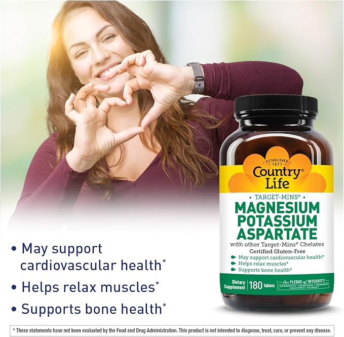 Country Life Magnesium and Potassium Supplement for Heart Health, Cardiovascular Support, Immune System and Bone Health, Gluten-Free
