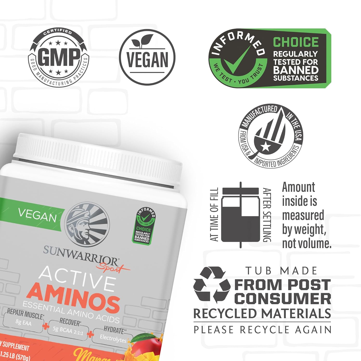 Sunwarrior Amino Acids Amino Energy Powder Essential Amino Acids EAA & BCAA | Muscle Repair Hydration & Recovery | Promote Wellness Strength & Endurance | Mango Flavor | 30 Servings | Active Aminos