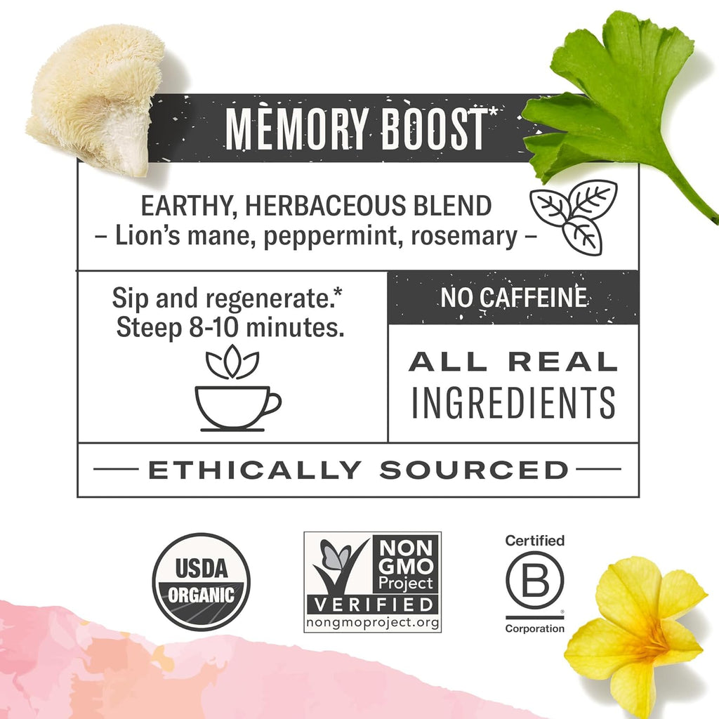 Numi Organic Damiana Focus Herbal Tea, 48 Tea Bags, Caffeine‑Free Blend with Damiana Ginkgo Lion’s Mane Hibiscus Mint Licorice & Marshmallow for Mental Clarity and Energy