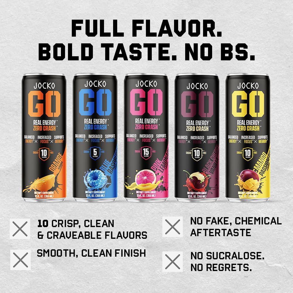 Jocko GO Energy Drink - Keto, Vitamin B12, Vitamin B6, Electrolytes, L Theanine, Magnesium- Energy Boost, Sugar Free Nootropic Monk Fruit Blend - 12 Pack (Nitro Pop)