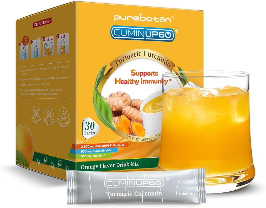 Turmeric Curcumin Drink Powder, Turmeric Immunity Shots with Vitamin C, Orange Flavor Instant Drink Mix Packets, High Absorption Curcumin Complex CuminUP60, Immune & Joint Support Supplement