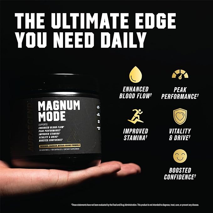 Aurascend Magnum Mode: Nitric Oxide Supplements for Men w/L Arginine, Natural Blood Flow Boost, Stamina Support, Energy Maximizer, Metabolic Pre Workout | 120 Count