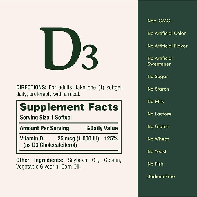 Nature's Bounty Vitamin D3 1000 IU Softgels, Immune Support, Promotes Healthy Bones, 1 Softgel per Day, Gluten Free, 350 Count (Pack of 2)