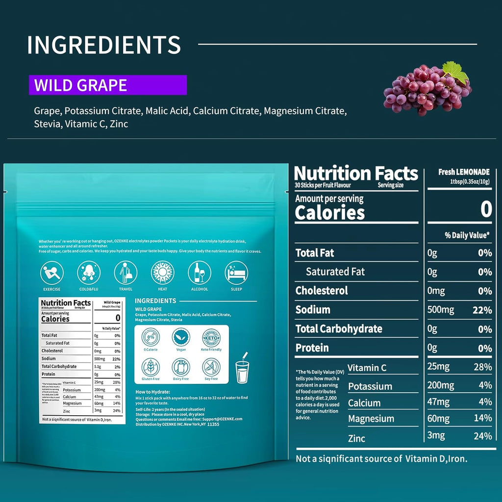 Electrolytes Powder Packets, 30 Sticks Hydration Packets Sugar Free, Electrolyte Drink Mix Portable Electrolyte Packets for Rapid Hydration, 0 Sugar & 0 Calorie, Grape Flavor
