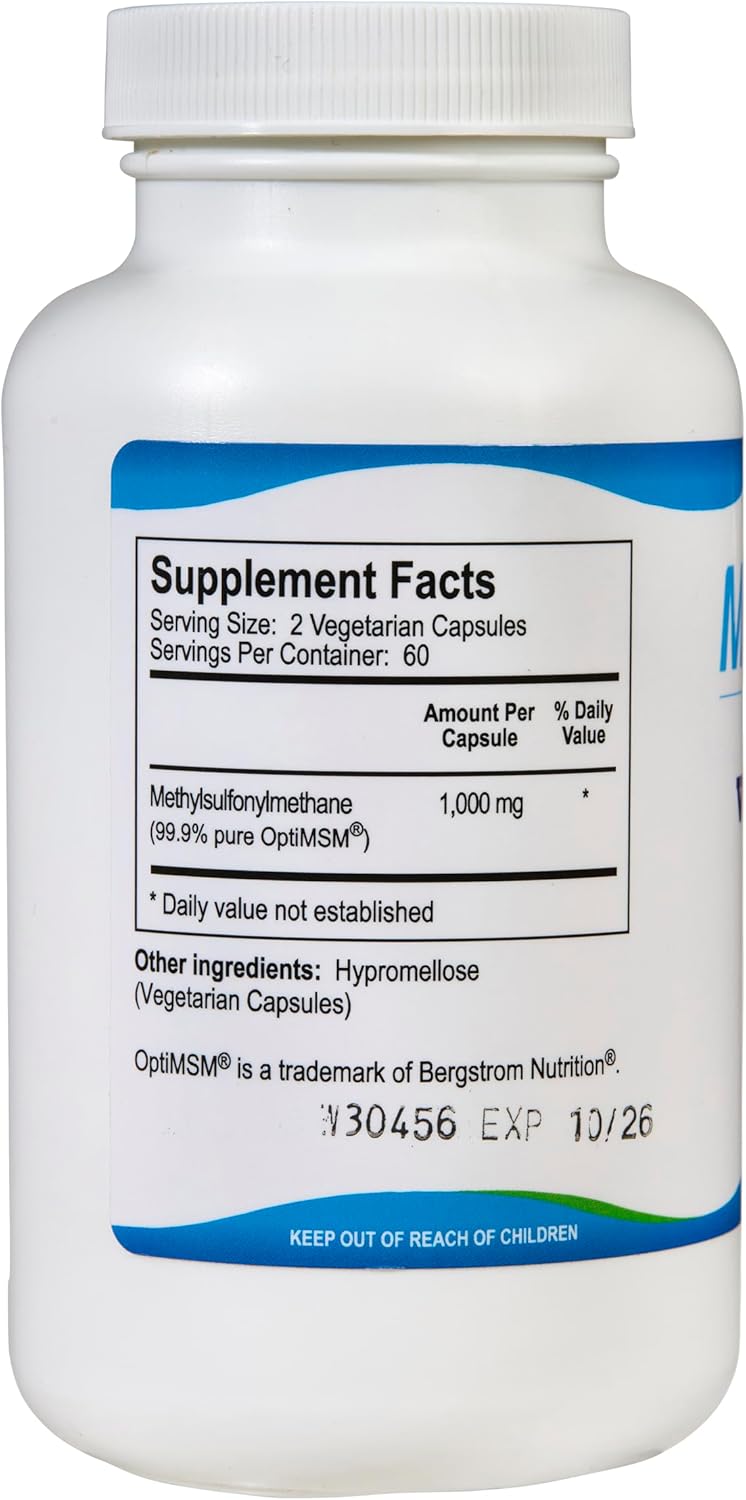 KALA HEALTH MSMPure MSM Vegetarian Capsules – 1,000 mg US-Sourced MSM per Capsule for Joint Health, Skin Appearance, Hair & Nail Support – 120 Count, Organic Sulfur