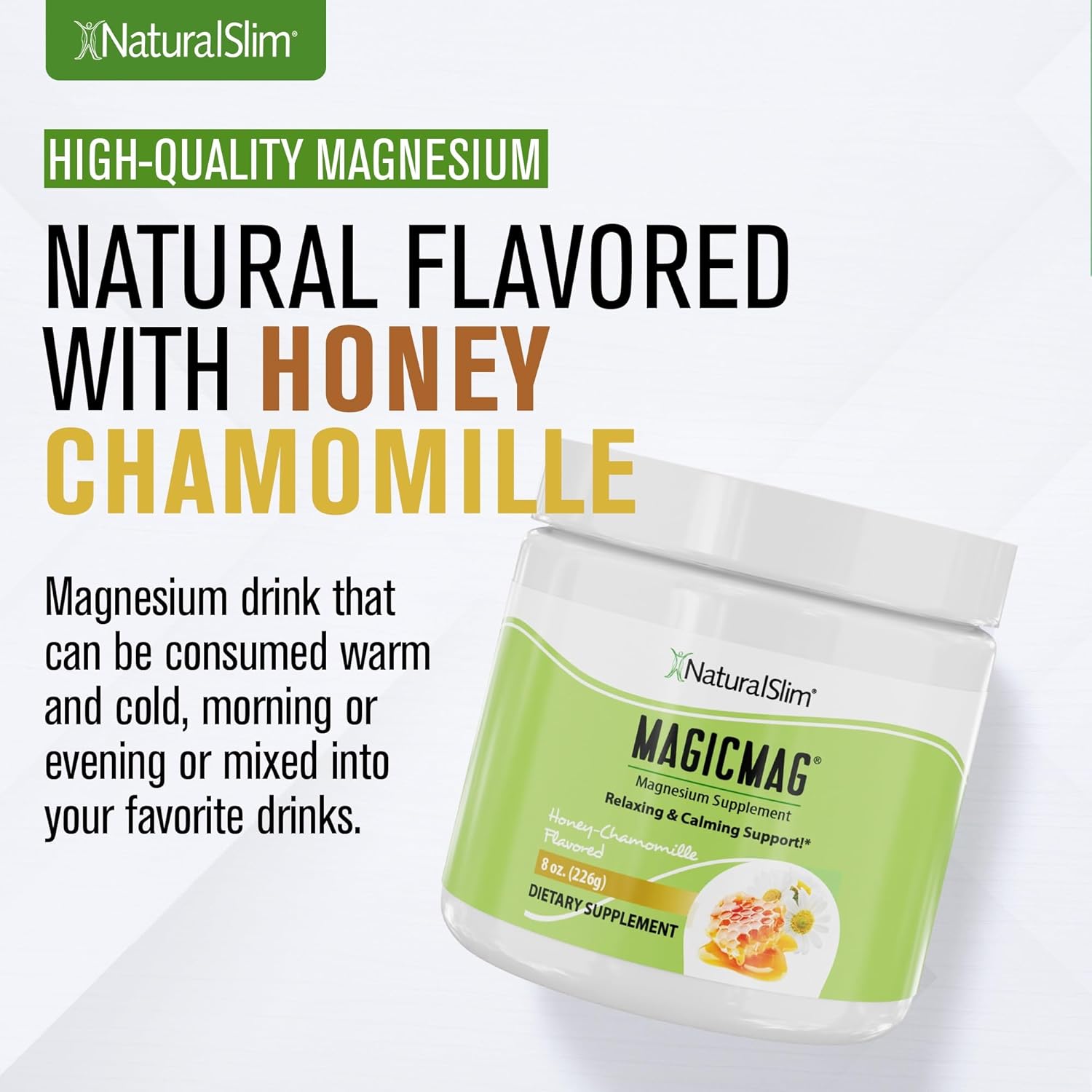 NaturalSlim Magicmag Pure Magnesium Citrate Powder Stress, Constipation, Muscle, Heart Health, and Sleep Support | Honey Chamomile Magnesium Supplement - 8oz Drink Mix (Solo)