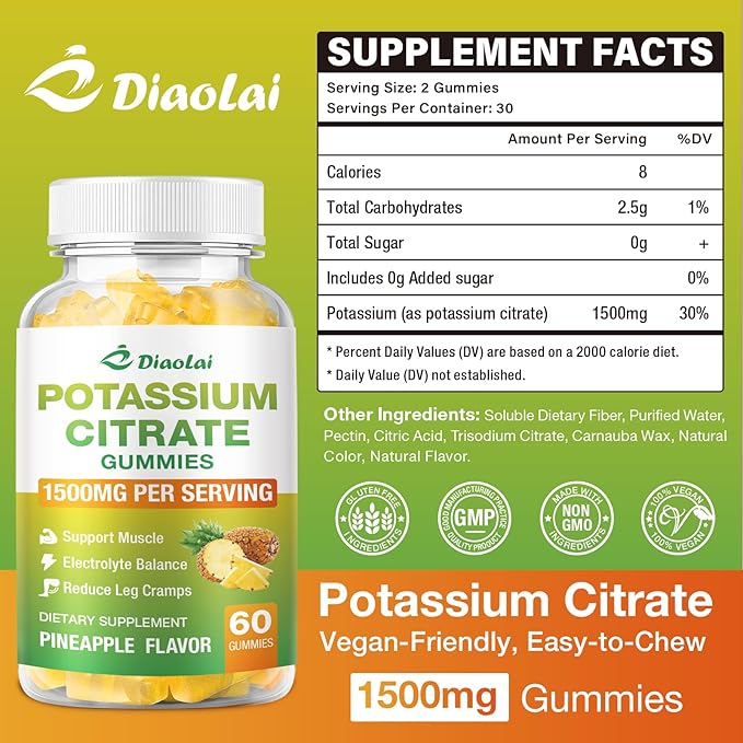 Potassium Citrate 1500mg Gummies - Potassium Supplement for Women & Men, Supports Leg Cramp Relief & Muscle Health, Vegan, Pineapple Flavor (60 Count)