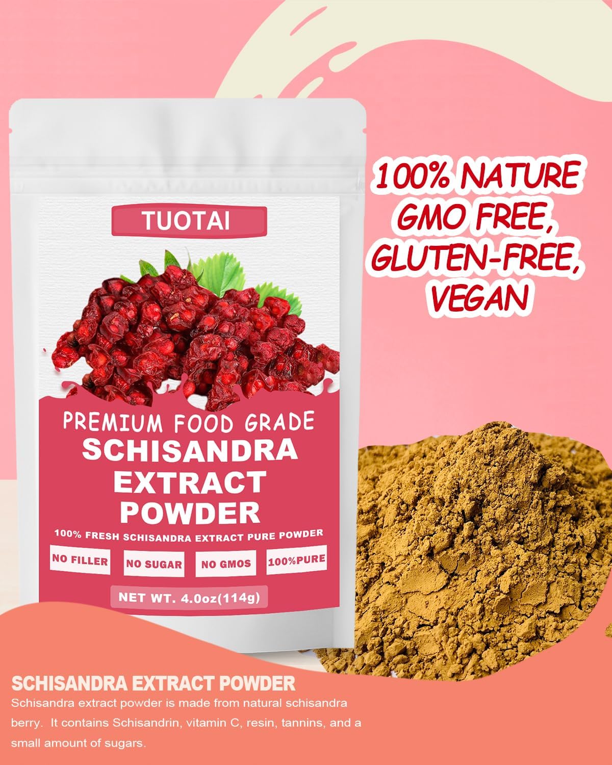 Premium Schisandra Extract 10:1 Powder, 100% Natural Powder, No GMO, No Additives, Vegan