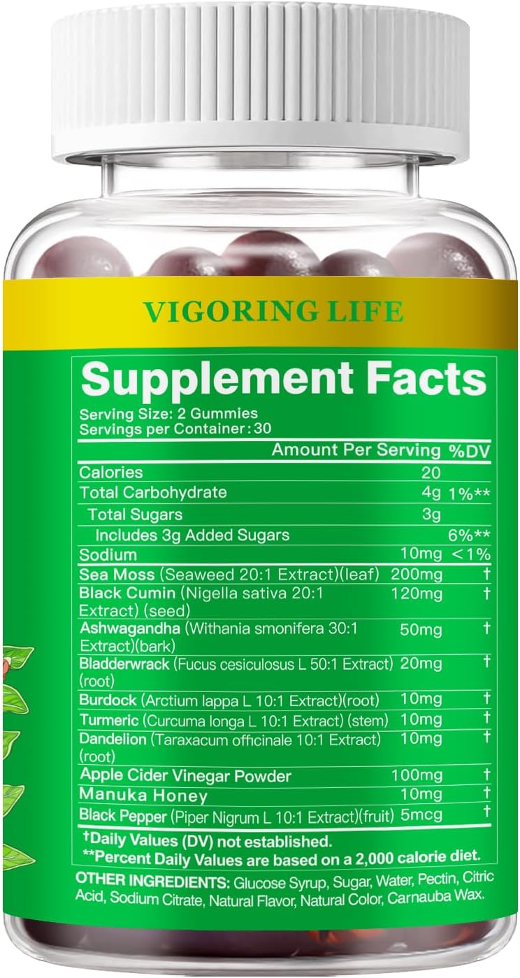 Ashwagandha Gummies, Sea Moss, Black Seed Oil, Turmeric, Manuka Honey, ACV, Dandelion, Black Pepper, Burdock, Bladderwrack, Blueberry Flavor, Vegan, Gluten-Free, Non-GMO, 60 Count