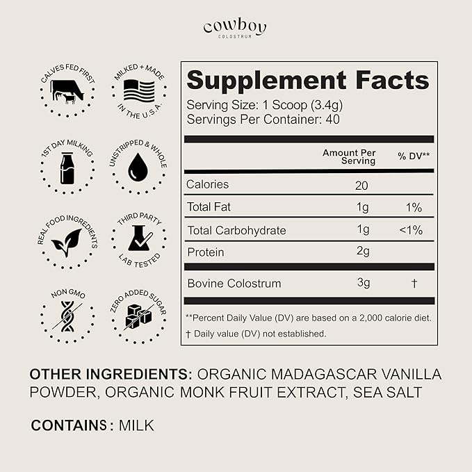 Cowboy Colostrum Powder - Bovine Colostrum Powder for Women & Men - First Day Milking Whole Colostrum - Grass Fed Colostrum Supplement for Gut Health, Immunity, Skin & Hair (Vanilla 40 Servings)