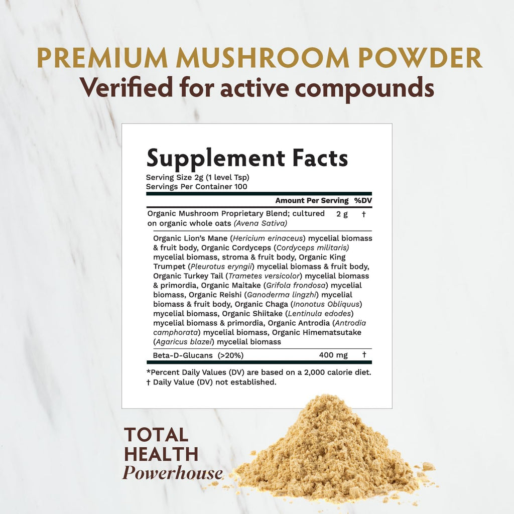 TRIBE ORGANICS Mushroom Golden Blend Powder - Organic Mushroom Powder Complex - 10-in-1 Mushrooms for Immunity Support & Health - 200g Pouch - 100 Servings