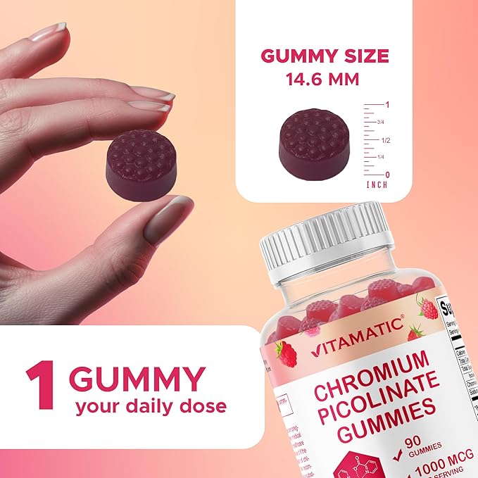 Vitamatic Chromium Picolinate 1000 mcg - 90 Gummies - High Potency Chromium - Raspberry Flavor (Total 180 Gummies) 2 Packs