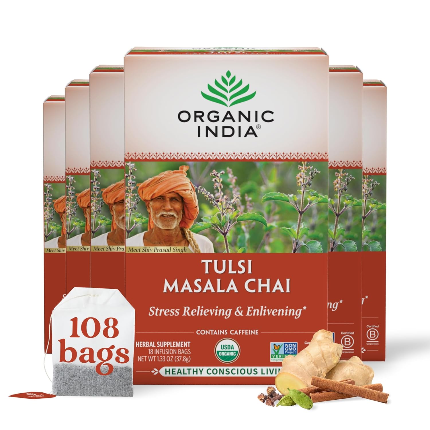 Organic India Tulsi Masala Chai Tea Bags - Holy Basil, Black Tea, Spices with Ginger, Stress Relieving, Immune Support, USDA Certified Organic, Antioxidant, Caffeinated - 18 Infusion Bags, 6 Pack