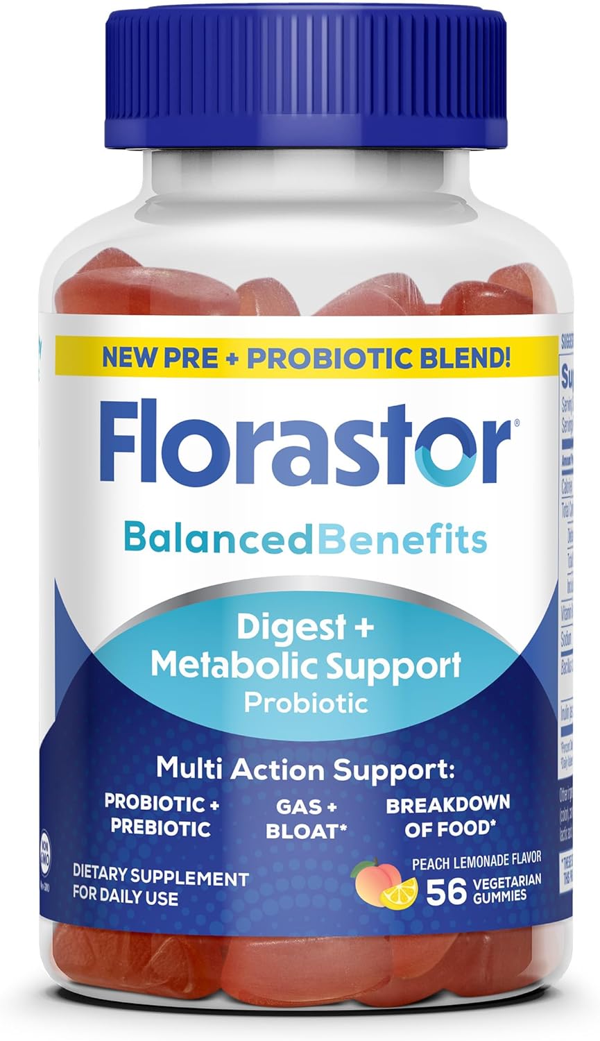 Florastor Prebiotic and Probiotic Gummies, Digestive and Metabolic Support Probiotic Blend for Multi-Action Digestive Health Care, with Vitamin B12, 56 Gummies