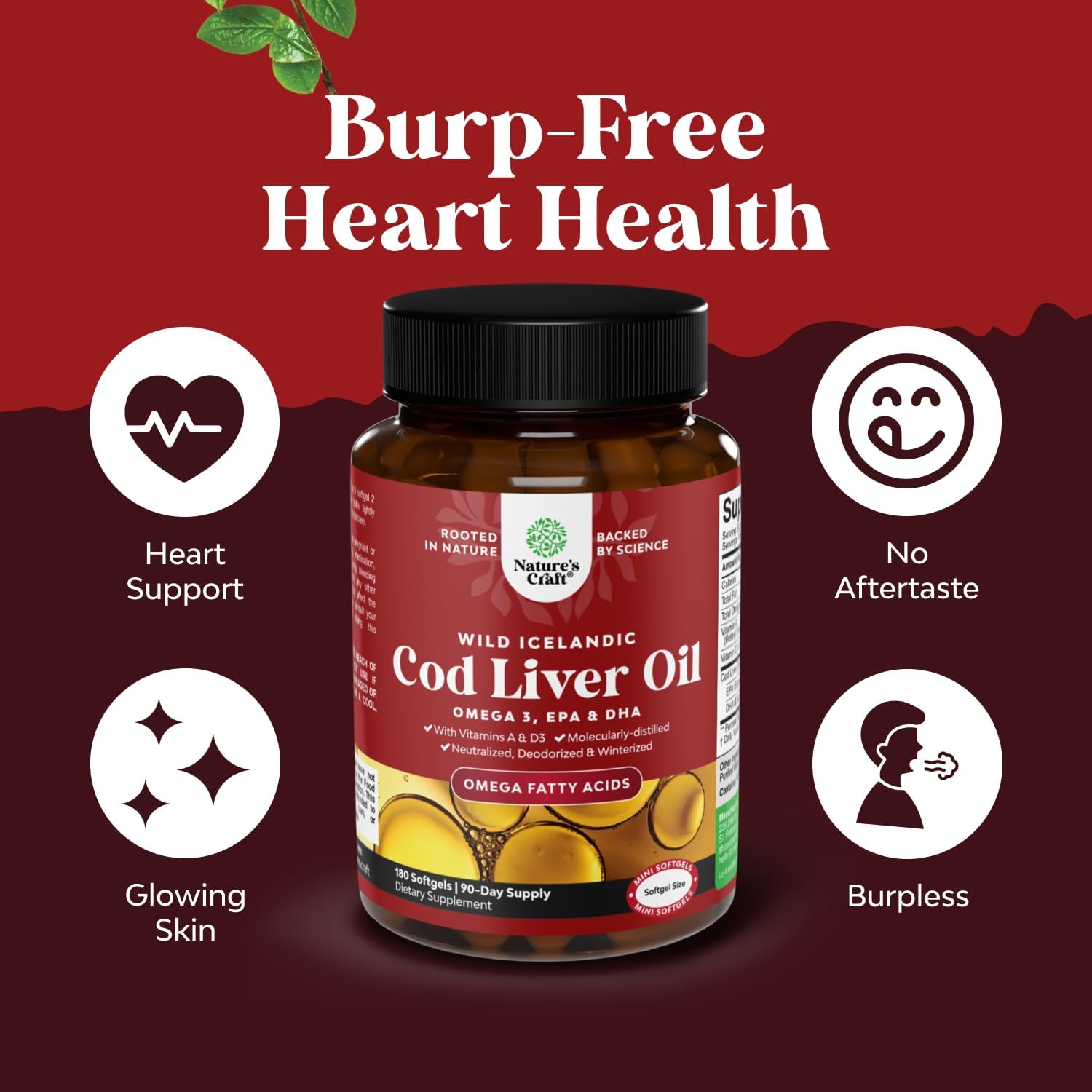 Icelandic Cod Liver Oil Softgels - Wild Caught EPA DHA Omega 3 Fish Oil 1000mg per serving - Sustainably Sourced Burpless Fish Oil Supplement with Vitamin D3 & A for Heart Joint Brain & Immune Support
