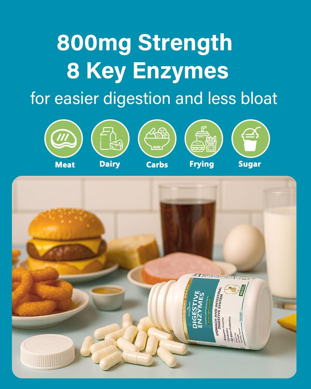 800mg Digestive Enzymes for Men and Women with Probiotics & Organic Prebiotics, 8 Key Enzymes, Protease, Amylase & Lipase for Bloating, Gas Relief, Non-GMO | 90 Capsules