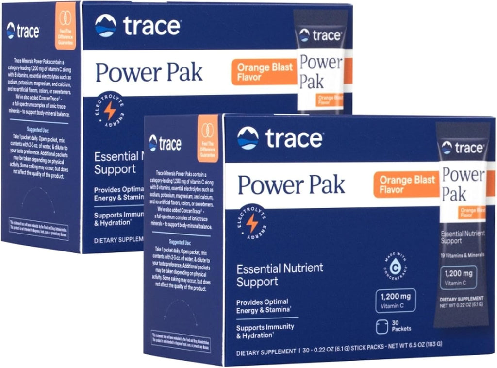Trace Minerals | Power Pak Electrolyte Powder Packets | 1200 mg Vitamin C, Zinc, Magnesium | Boost Immunity, Hydration and Natural Energy | Orange Blast | 60 Packets