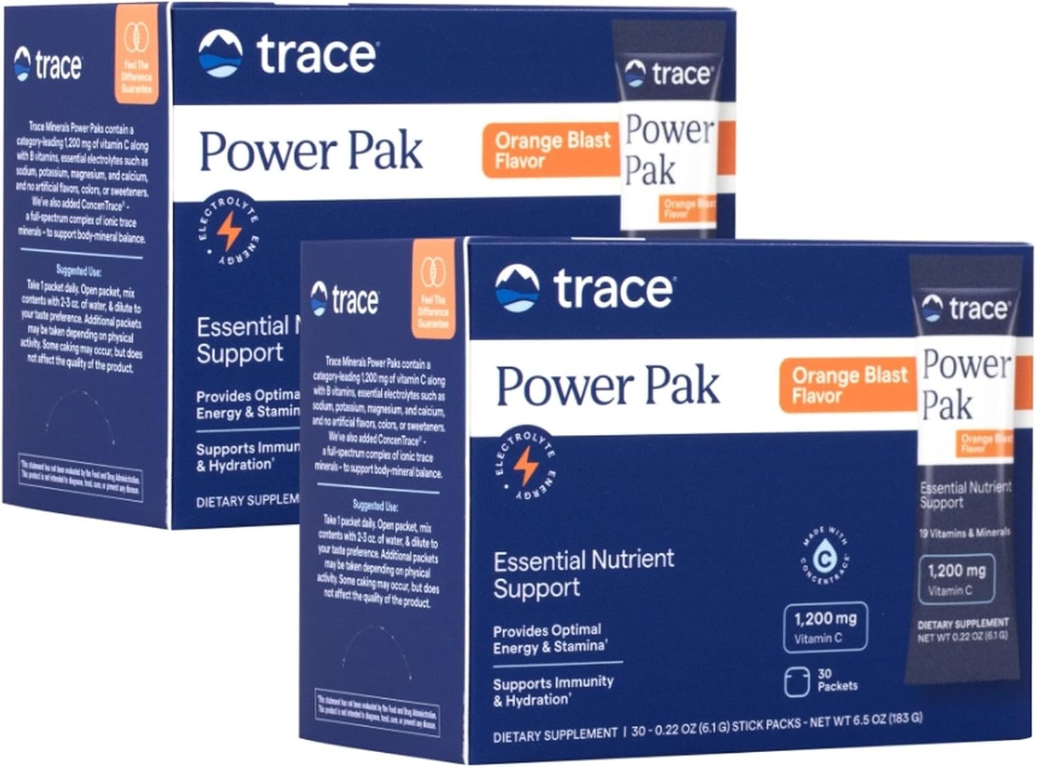Trace Minerals | Power Pak Electrolyte Powder Packets | 1200 mg Vitamin C, Zinc, Magnesium | Boost Immunity, Hydration and Natural Energy | Orange Blast | 60 Packets