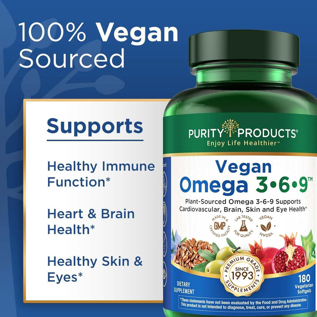 Purity Products Vegan Omega 3-6-9 Formula - “5 in 1” Essential Fatty Acid Complex - Scientifically Formulated Plant-Based Omega 3 6 9 Essential Fatty Acids (EFA) - 3 Month Supply - 180 Softgels