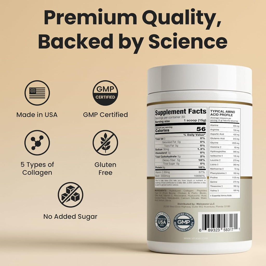 VITASEI Hydrolyzed Collagen Peptides Powder with Resveratrol & Vitamin C – Hair, Skin & Joint Support – Colágeno Hidrolizado for Women & Men – Delicious Cookies & Cream Flavor, 16 oz (30 Servings)