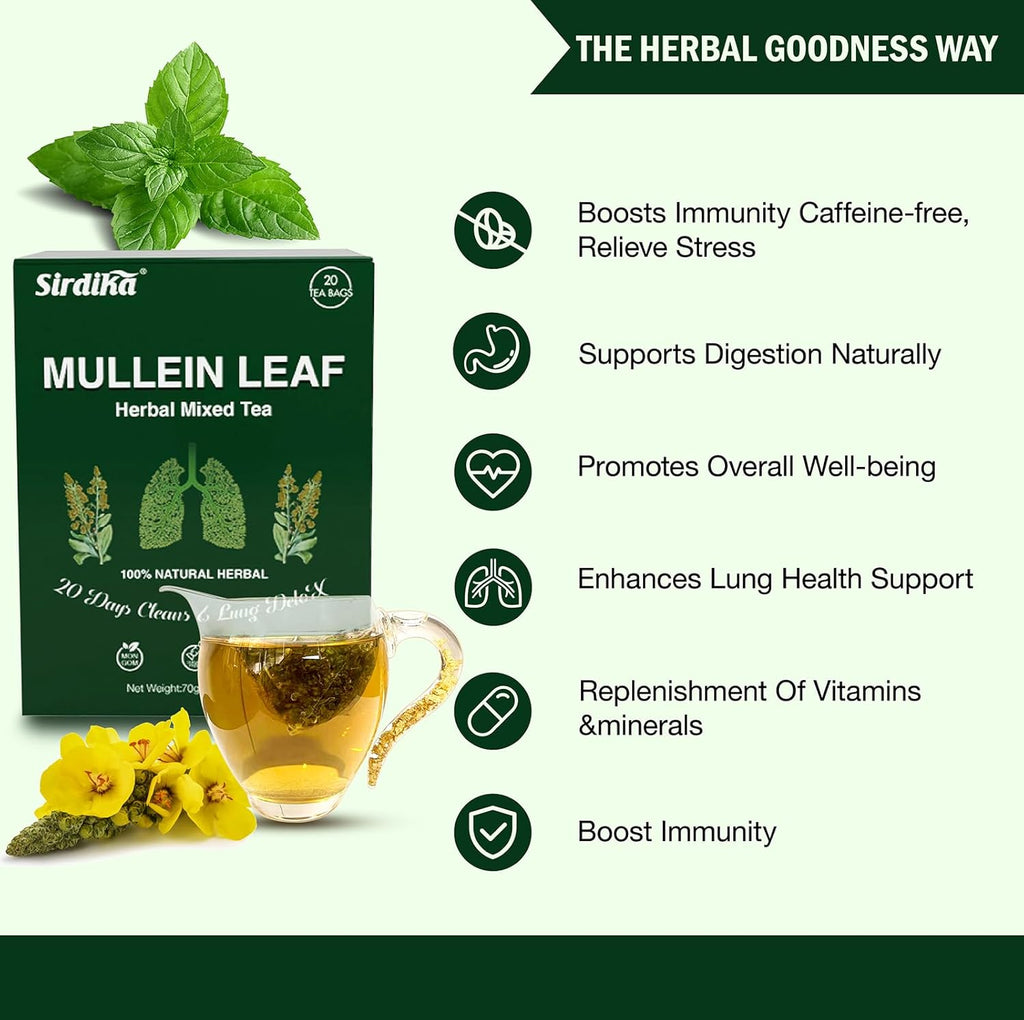 Mullein Tea Bags for Lungs - 20 Teabags (2.47oz/70g), 100% Pure Natural Premium Mullein Leaf, Mint Leaf, Mulberry Leaf for Lungs Cleanse and Respiratory Support, Herbal Teas, Caffeine Free (1 BOX)