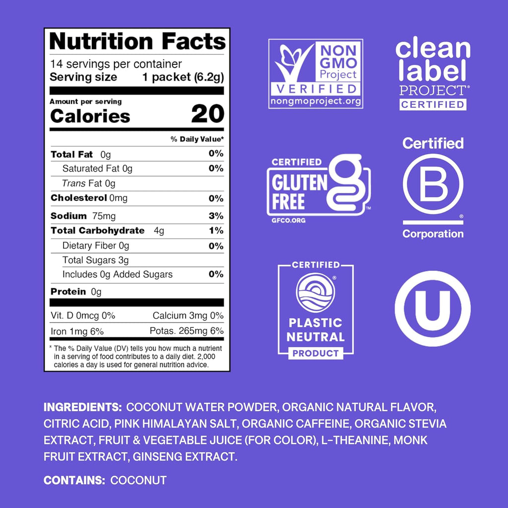 Cure Hydration Performance | Plant-Based Electrolyte Energy Drink Mix | No Added Sugar | Dehydration Relief Powder | 100mg of Caffeine | Non-GMO | Vegan | Pouch of 14 Packets - Acai Berry