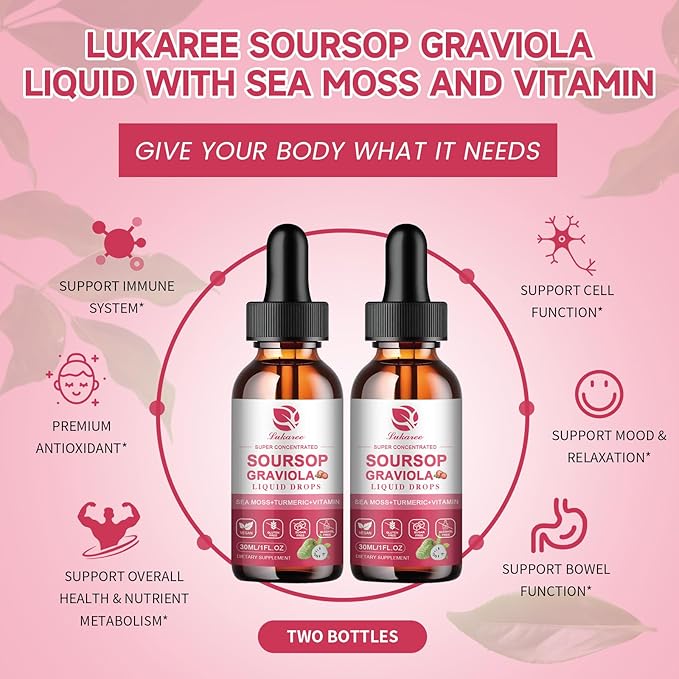 (2 Pack) Soursop Graviola Leaf Extract Liquid Drop Plus Pure Botanical Sea Moss for Cell Support & Regeneration, Immunity and Gut Health, Soursop Bitters Liquid丨Full Texture,Strawberry Flavor,1 Fl Oz