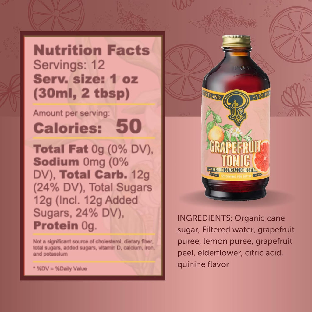 Portland Syrups Grapefruit Tonic Syrup - Refreshing Citrus Flavor - Premium Beverage Concentrate for Cocktails, Mocktails, Tea, and More - 12 oz with 12 Servings (Pack of 2)