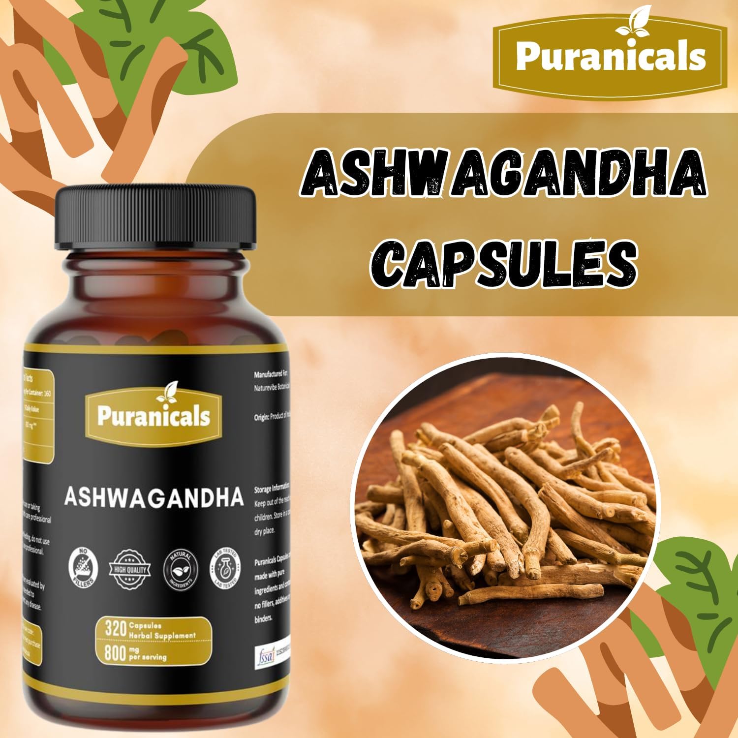 Ashwagandha Premium 320 Capsules Non GMO and Gluten Free | Herbal Supplement | 800 mg Per Serving | Made with 100% Pure Herb Ashwagandha Powder