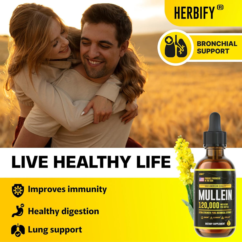 HERBIFY Mullein Drops - Lung Cleanse - Leaf Extract - Powerful Mullein for Immune Support,Detox & Respiratory Support - Made in USA - Lung Cleanse for Smokers - 4 Oz