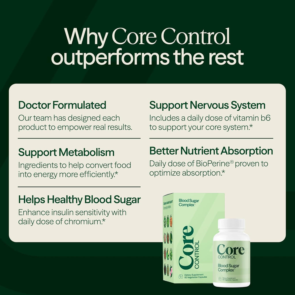 Core Control by 3Rastas Health– for Healthy Blood Sugar Levels - Promotes Metabolic Balance Energy with Vitamin B12 - Gluten Free, Dairy Free, Soy Free – Veggie Capsules - 30 Day Supply