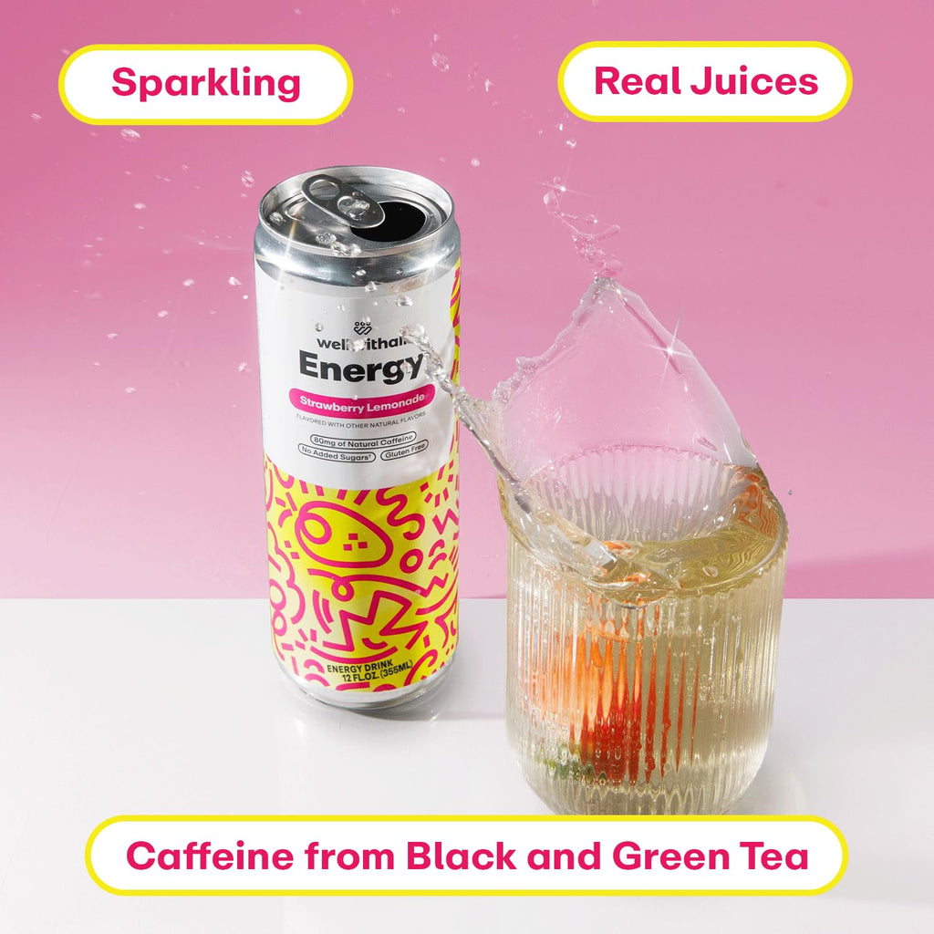 WellWithAll Strawberry Lemonade Energy Drink – Caffeine from Tea – With Vitamin C – Lightly Sparkling Beverage – Fruit & Veggie Juice Blend – 12 Oz (Pack of 12)