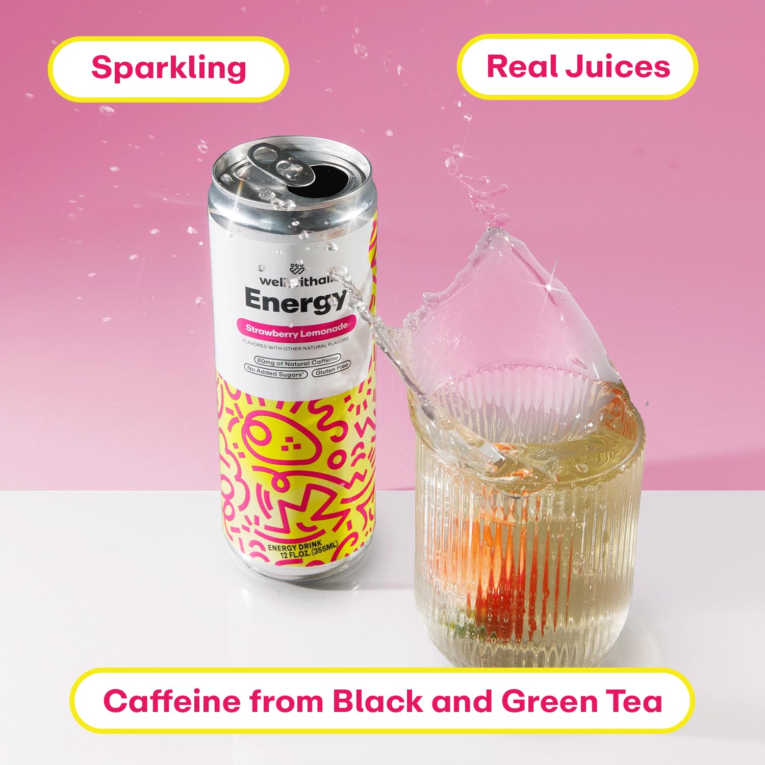 WellWithAll Strawberry Lemonade Energy Drink – Caffeine from Tea – With Vitamin C – Lightly Sparkling Beverage – Fruit & Veggie Juice Blend – 12 Oz (Pack of 12)
