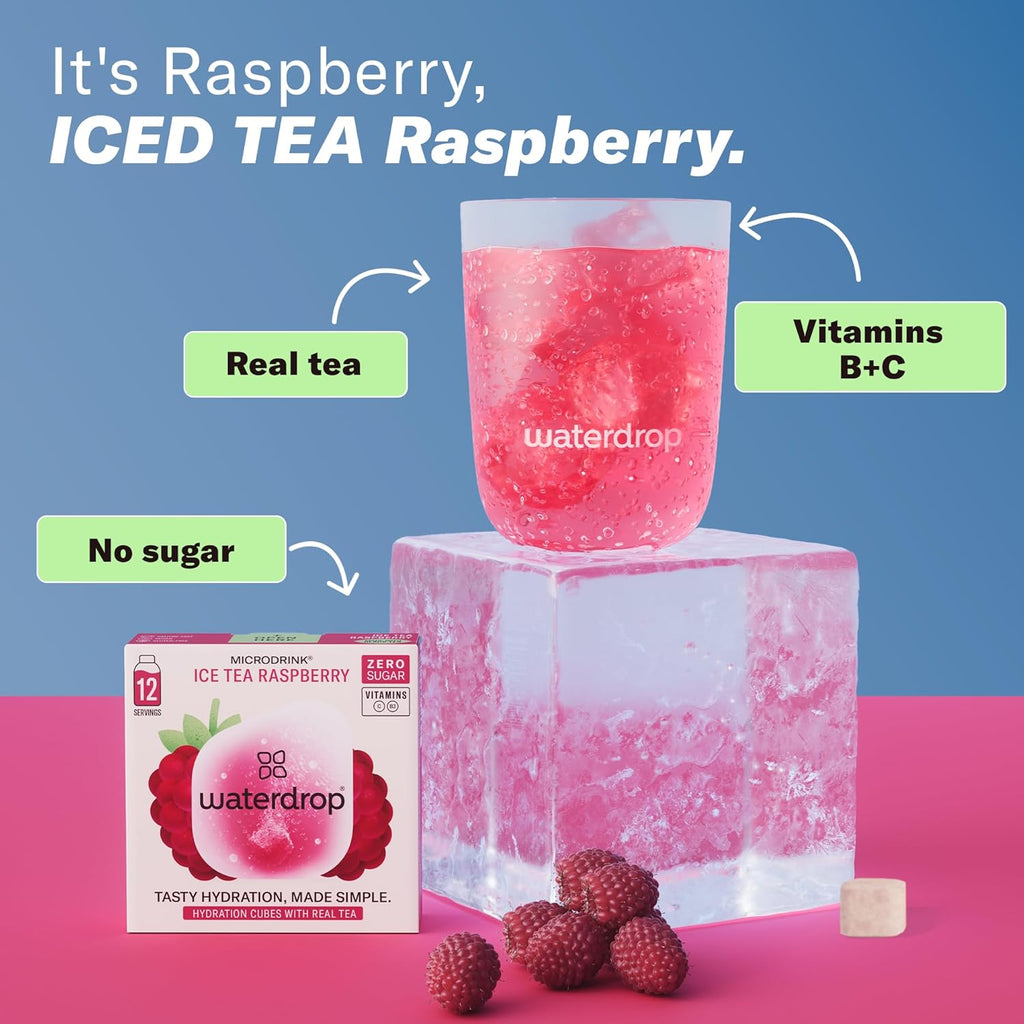 Waterdrop Hydration Cubes, Iced Tea Raspberry, 230 MG Electrolyte & Vitamin Blend Drops for Still & Sparkling Water, Vitamin C & B3, On The Go, Low Calorie, Zero Sugar, Non GMO & Gluten Free, 24 CT