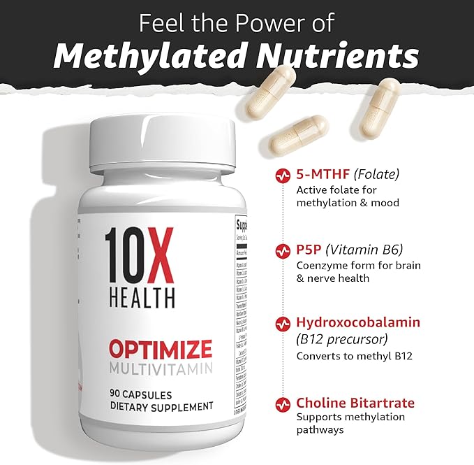 10X Health Optimize Multivitamin for Men - 90 Capsules, Methylated Multivitamin 34 in 1 Formula with 800 mcg of Vitamin B12, 5-MTHF, NAC - Methyl B Complex