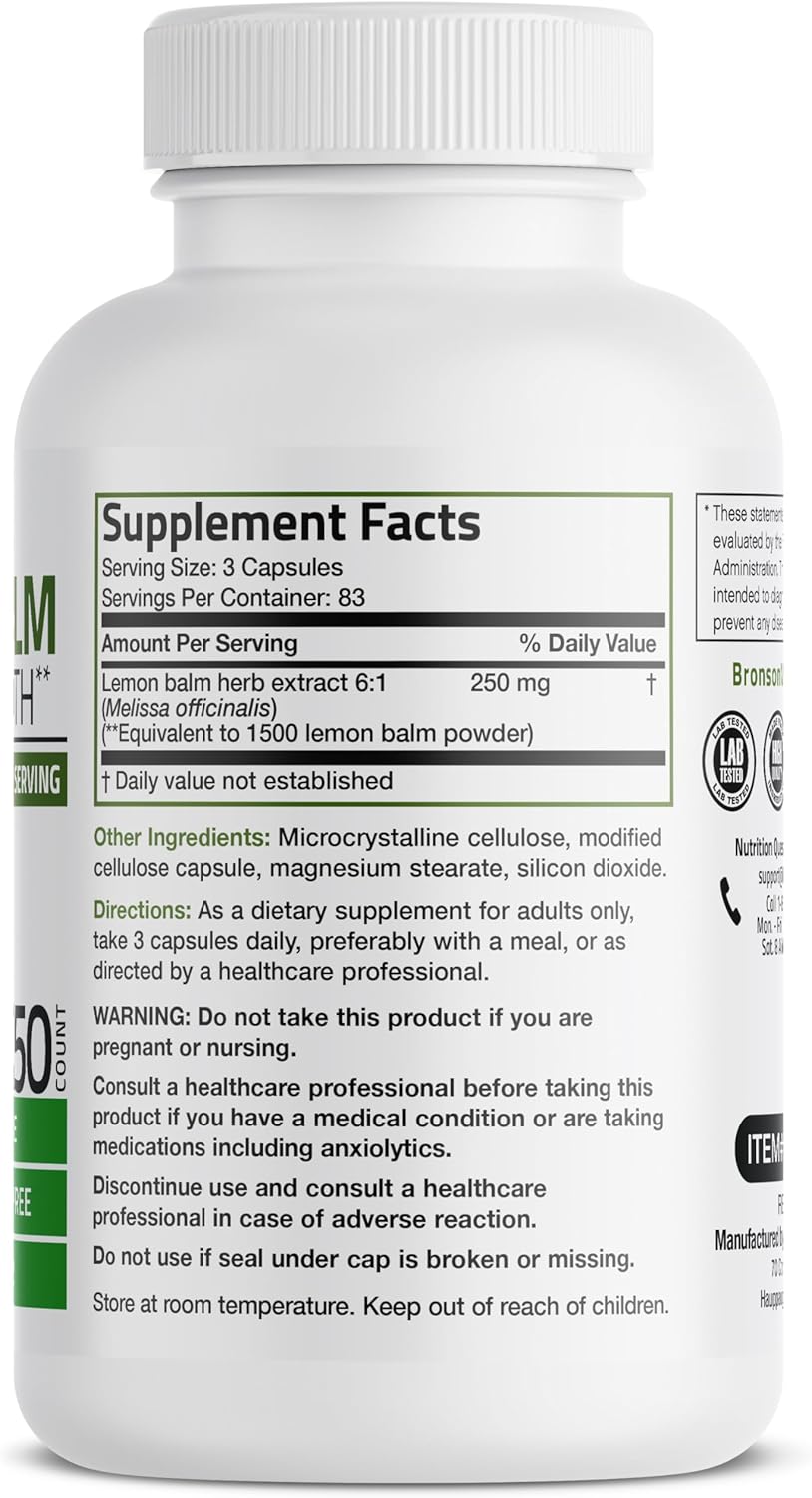 Bronson Melissa Lemon Balm Extra Strength, Non-GMO, 250 Vegetarian Capsules
