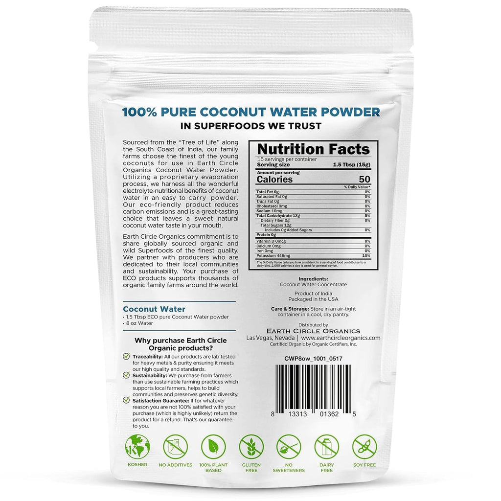 Earth Circle Organics Pure Coconut Water Powder | Coconut Electrolyte Powder for Energy and Hydration Supplement | No Additives | Unsweetened | Vegan | Keto | Gluten Free - 8oz (Pack of 1)