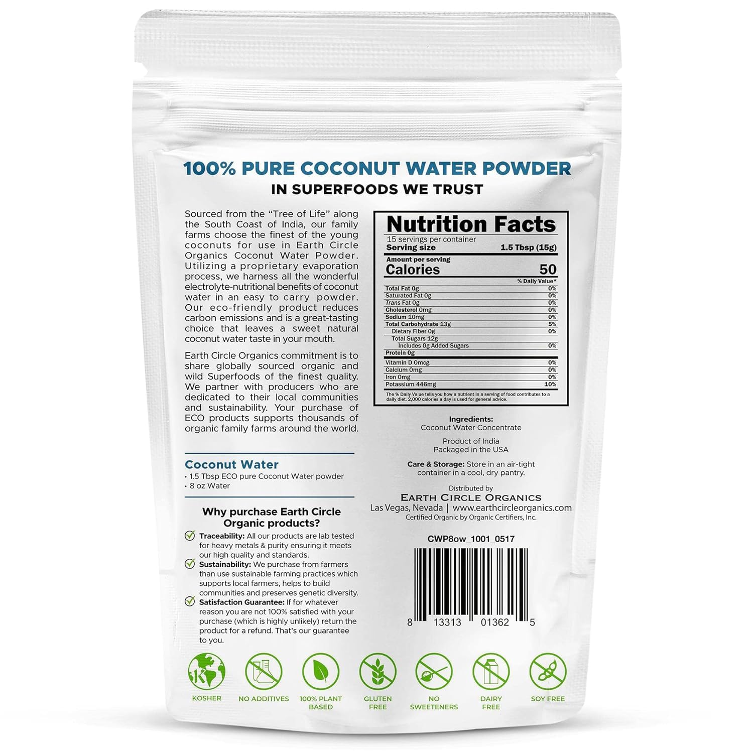 Earth Circle Organics Pure Coconut Water Powder | Coconut Electrolyte Powder for Energy and Hydration Supplement | No Additives | Unsweetened | Vegan | Keto | Gluten Free - 8oz (Pack of 1)