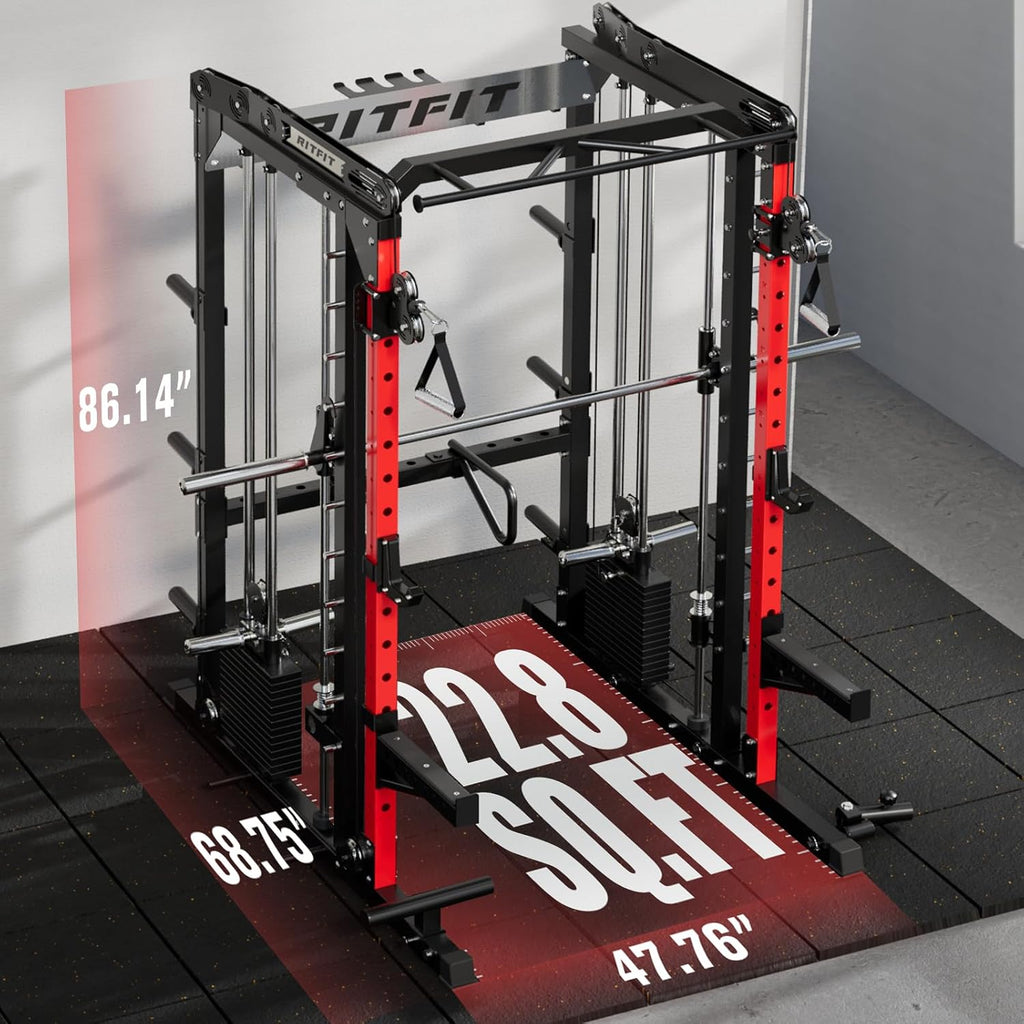 RitFit M2 PRO-3D Smith Machine with Weight Stack, 3D Functional Trainer & Power Cage, 308.6lbs Stack, 16 Adjustment Holes, 6 Storage Pegs for Full-Body Home Gym