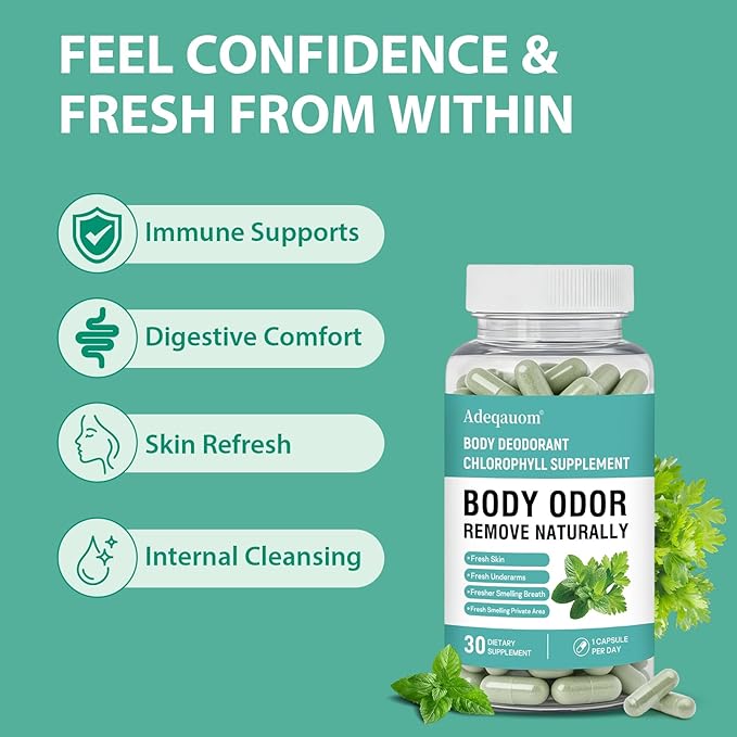 Chlorophyll Capsules Internal Body Deodorant Supplement for Women and Men for Gut Health, Fresh Breath, Skin Health, Detox & Digestion Support, Natural Odor Remove, Vegan, Non-GMO-30 Capsules